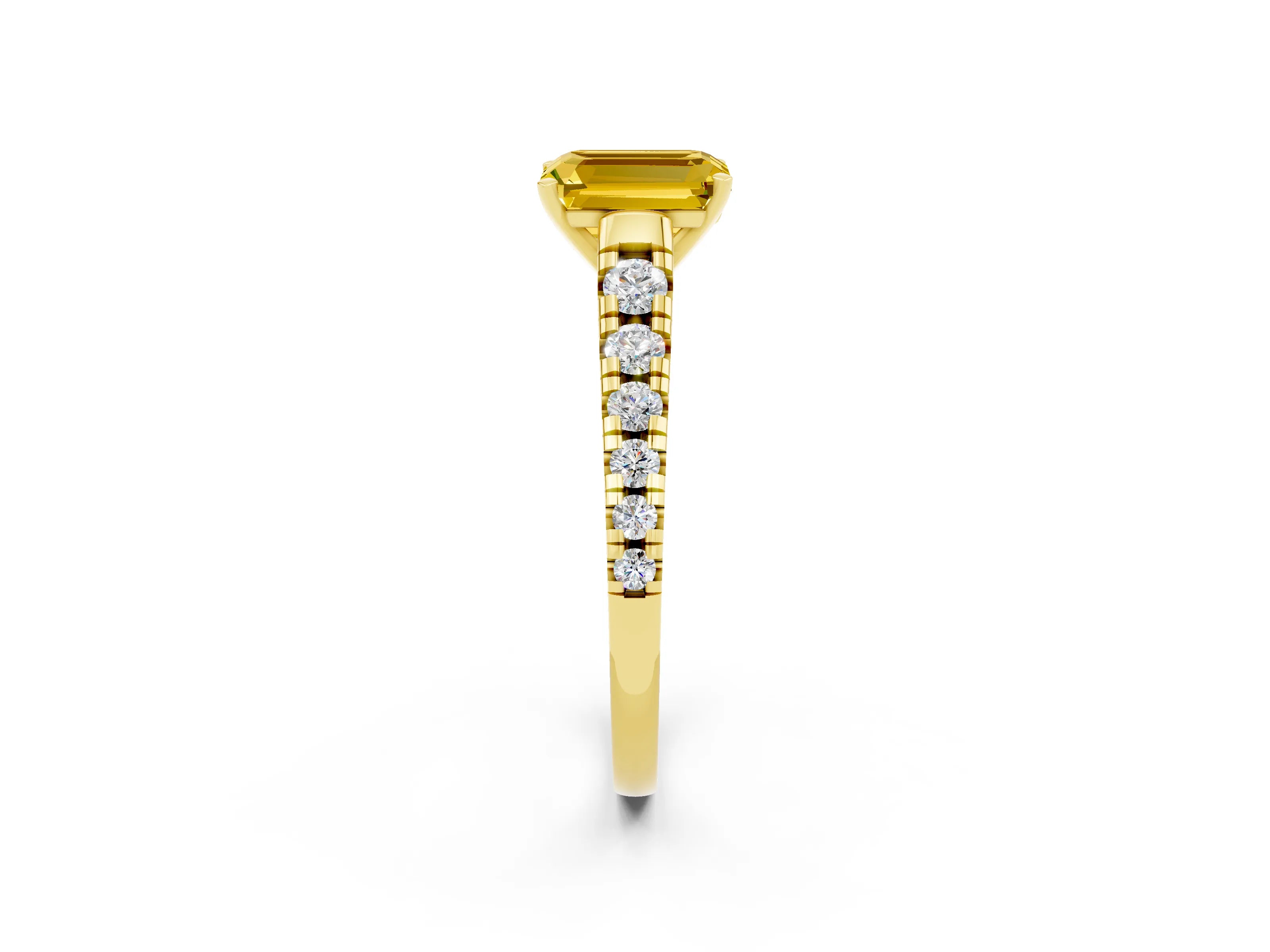 Yellow gold Emerald Cut Yellow Sapphire Solitaire Ring with Cathedral Setting and Pavé Band_26