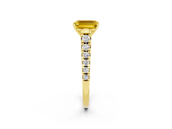 Yellow gold Emerald Cut Yellow Sapphire Cathedral Solitaire Ring with Round  Pavé Band