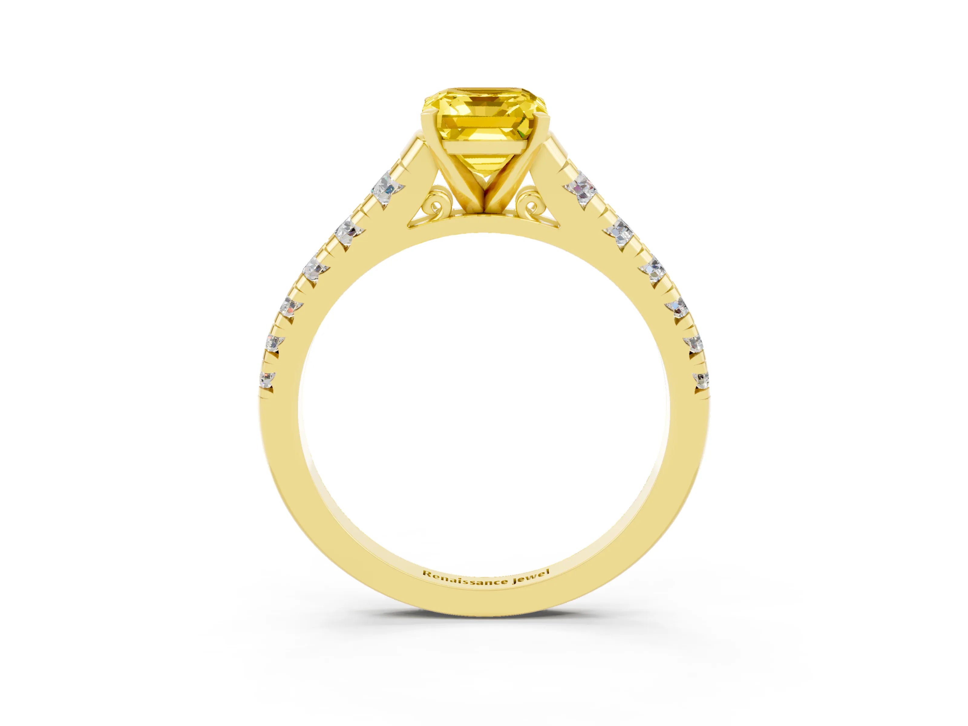 Yellow gold Emerald Cut Yellow Sapphire Solitaire Ring with Cathedral Setting and Pavé Band_27