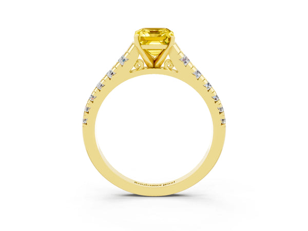 Yellow gold Emerald Cut Yellow Sapphire Cathedral Solitaire Ring with Round  Pavé Band