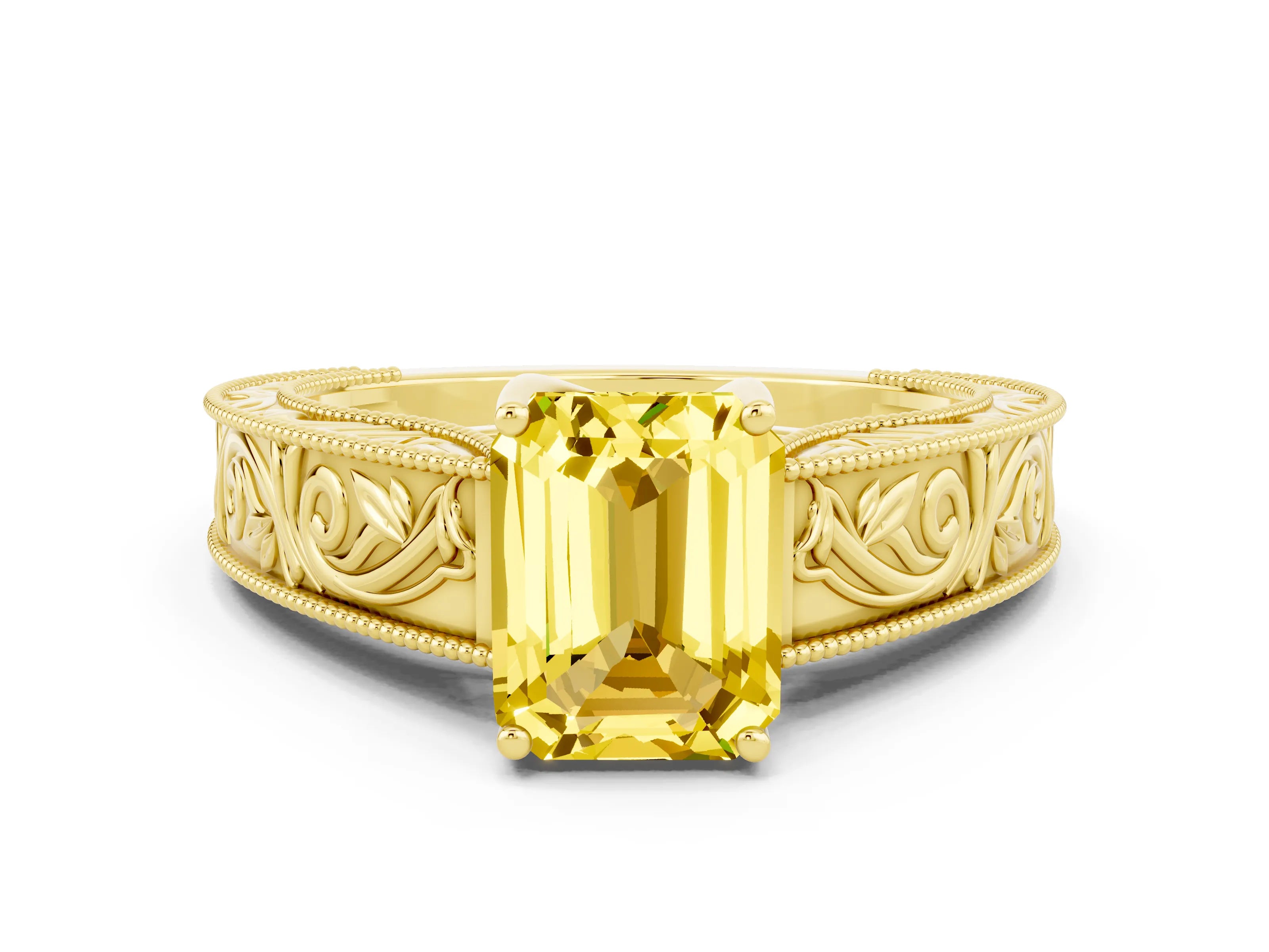 Yellow gold Emerald Cut Yellow Sapphire Solitaire Ring with Engraved Band and Four-Prong Setting