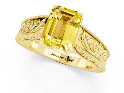 Yellow gold Emerald Cut Yellow Sapphire Solitaire Ring with Engraved Band and Four-Prong Setting_1