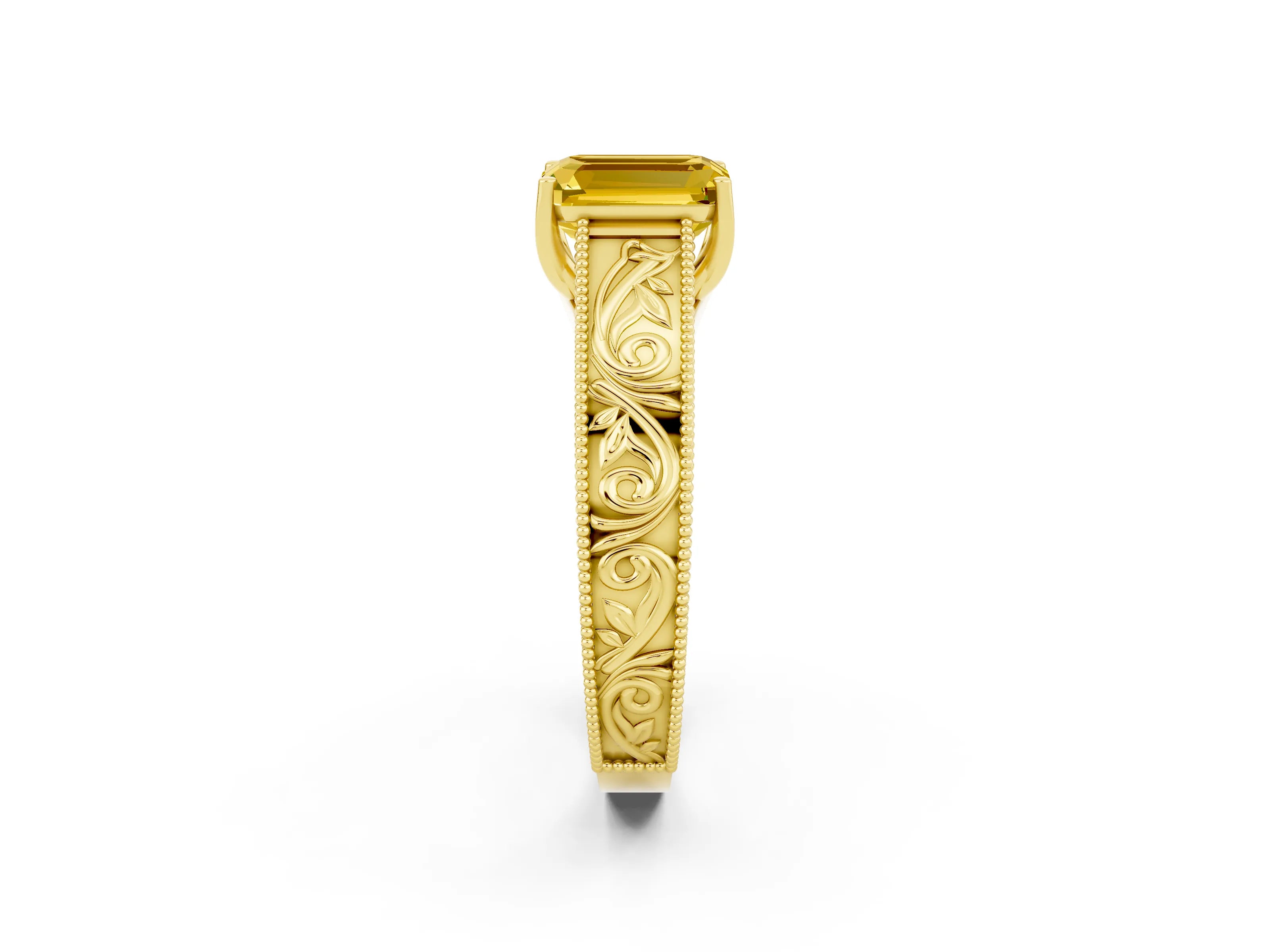 Yellow gold Emerald Cut Yellow Sapphire Solitaire Ring with Engraved Band and Four-Prong Setting_2