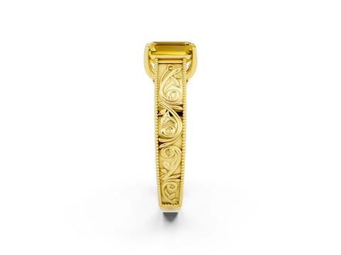 Yellow gold Emerald Cut Yellow Sapphire Solitaire Ring with Engraved Band and Four-Prong Setting_2