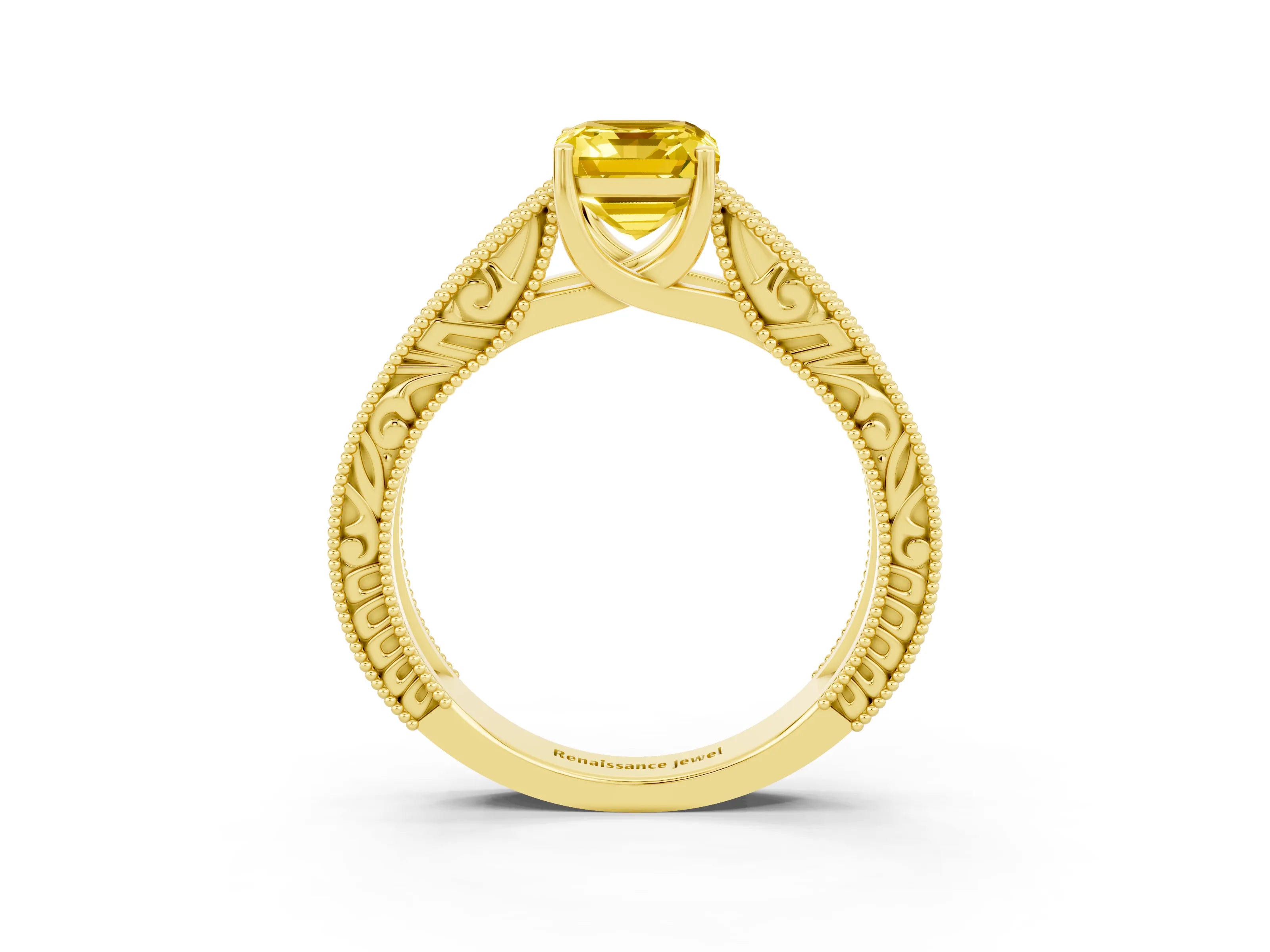Yellow gold Emerald Cut Yellow Sapphire Solitaire Ring with Engraved Band and Four-Prong Setting_3