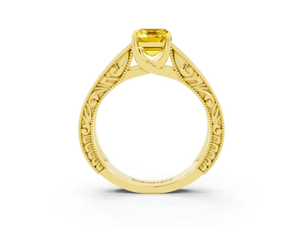 Yellow gold Emerald Cut Yellow Sapphire Solitaire Ring with Engraved Band and Four-Prong Setting