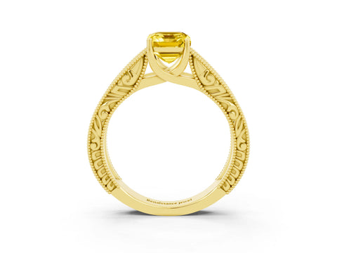 Yellow gold Emerald Cut Yellow Sapphire Solitaire Ring with Engraved Band and Four-Prong Setting_3