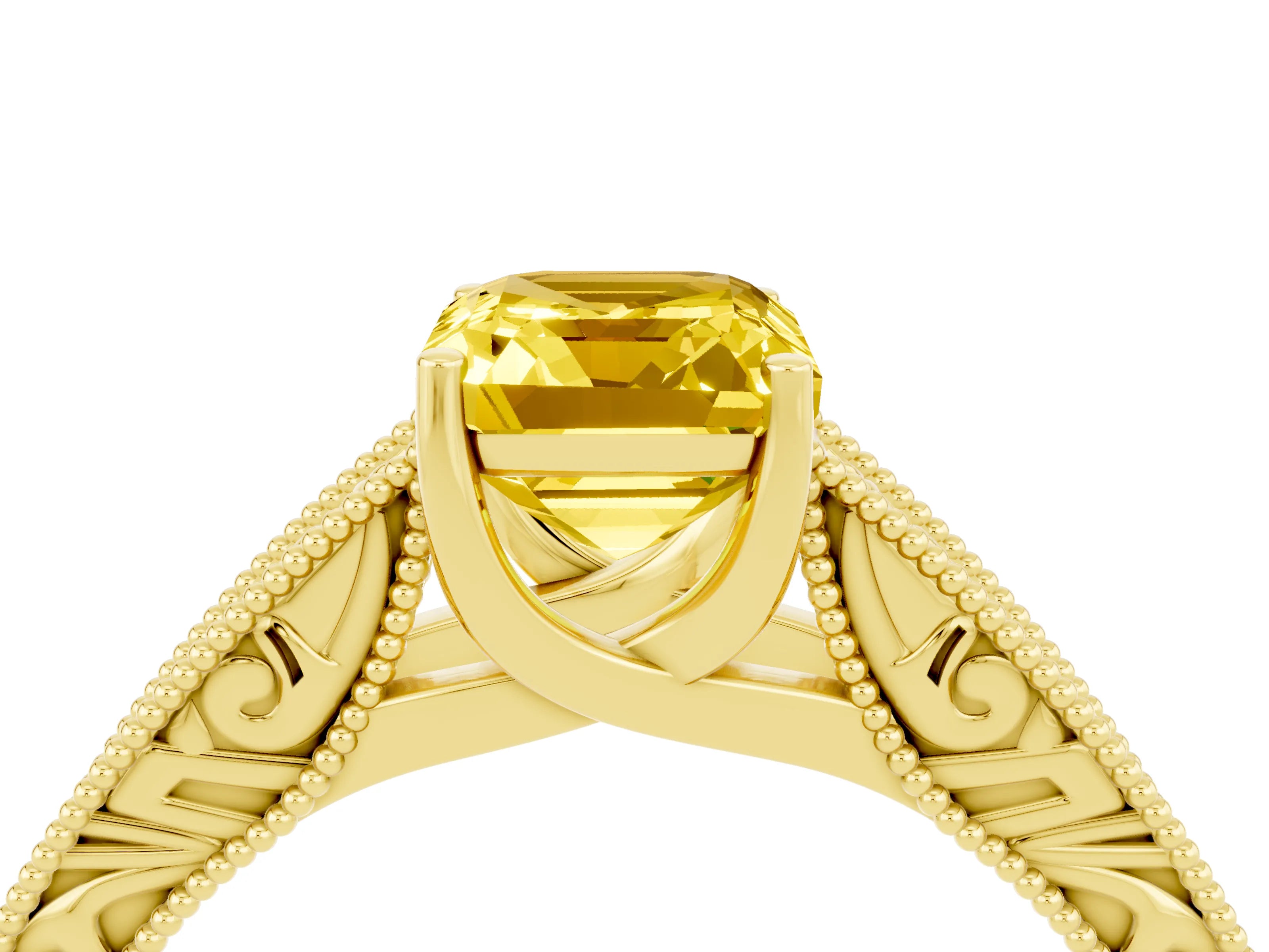Yellow gold Emerald Cut Yellow Sapphire Solitaire Ring with Engraved Band and Four-Prong Setting_4