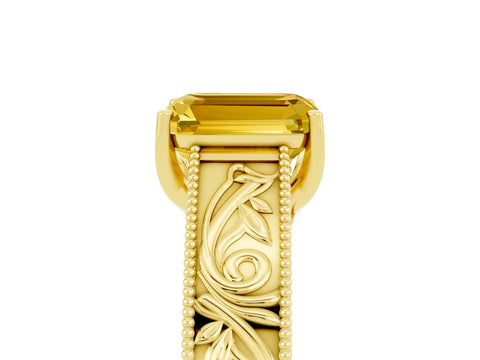 Yellow gold Emerald Cut Yellow Sapphire Solitaire Ring with Engraved Band and Four-Prong Setting_5