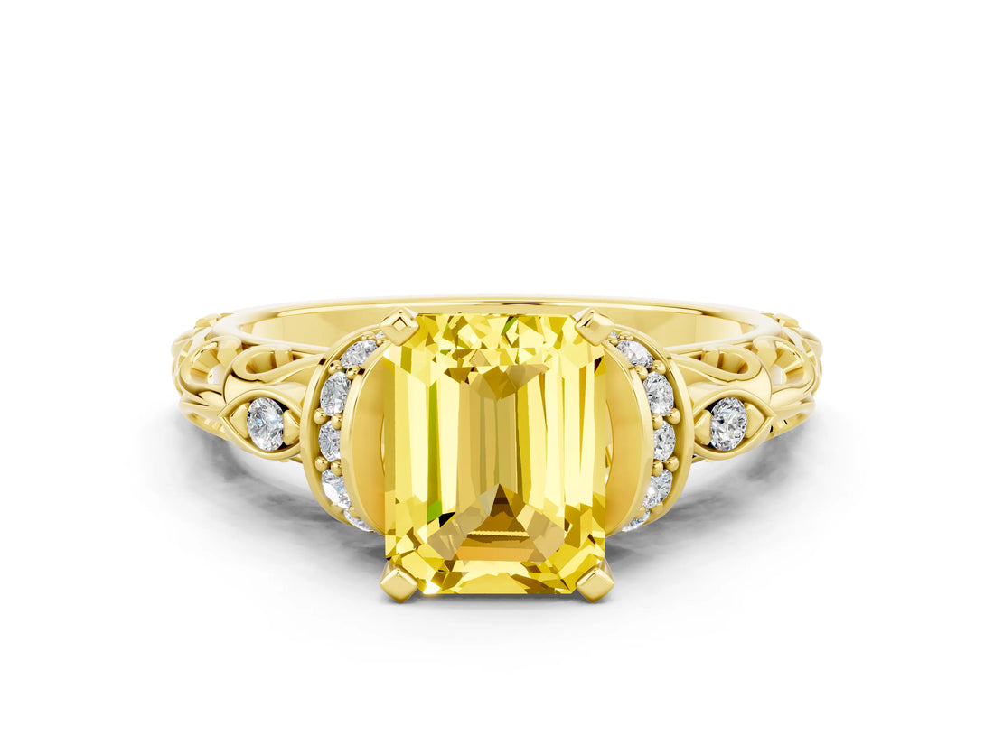 Yellow gold Emerald Cut Yellow Sapphire Solitaire Ring with Filigree Band and Four-Prong Setting_48