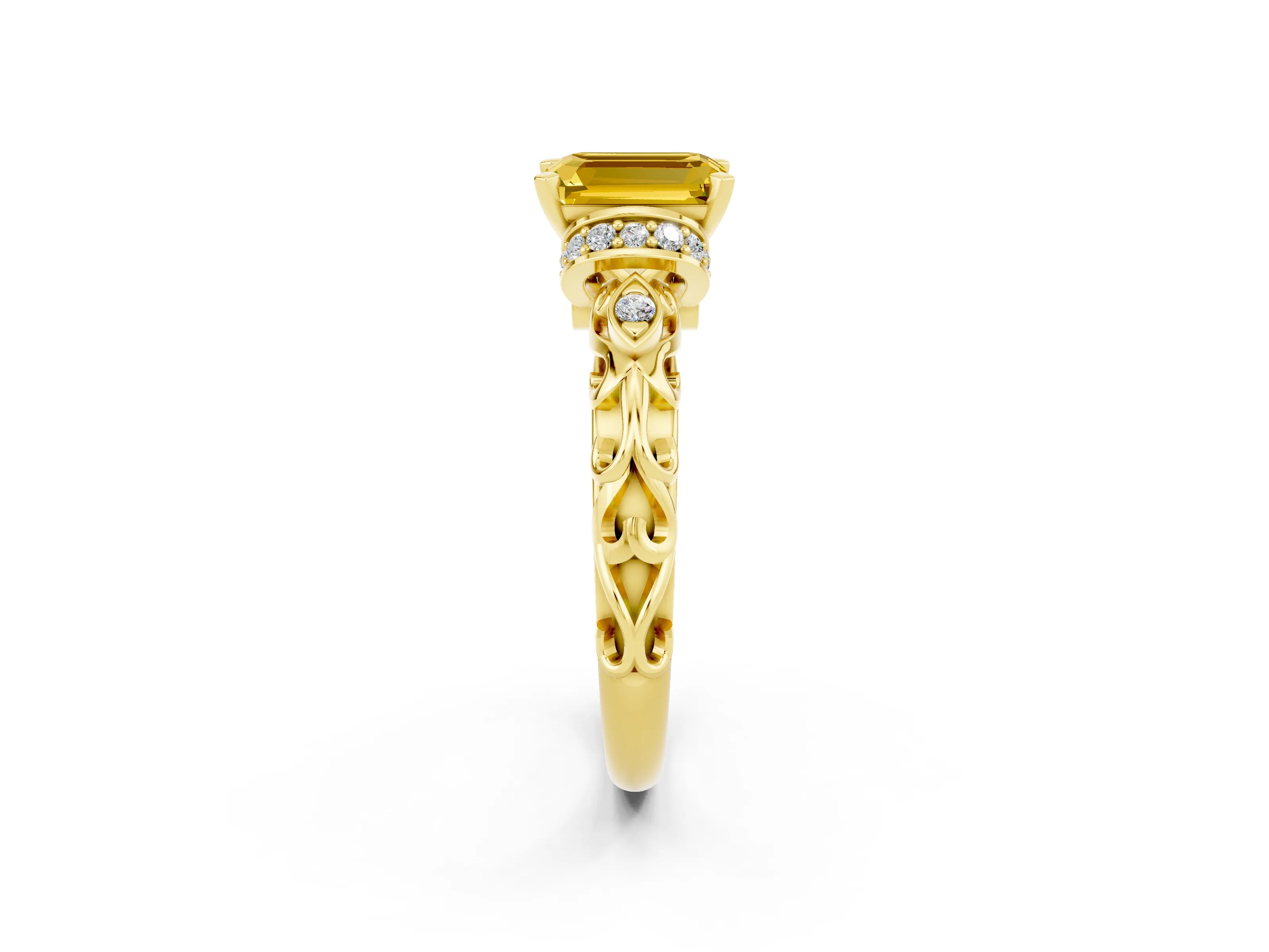 Yellow gold Emerald Cut Yellow Sapphire Solitaire Ring with Filigree Band and Four-Prong Setting_50