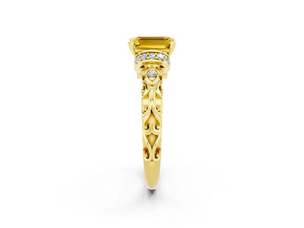 Yellow gold Emerald Cut Yellow Sapphire Solitaire Ring with Filigree Band and Four-Prong Setting