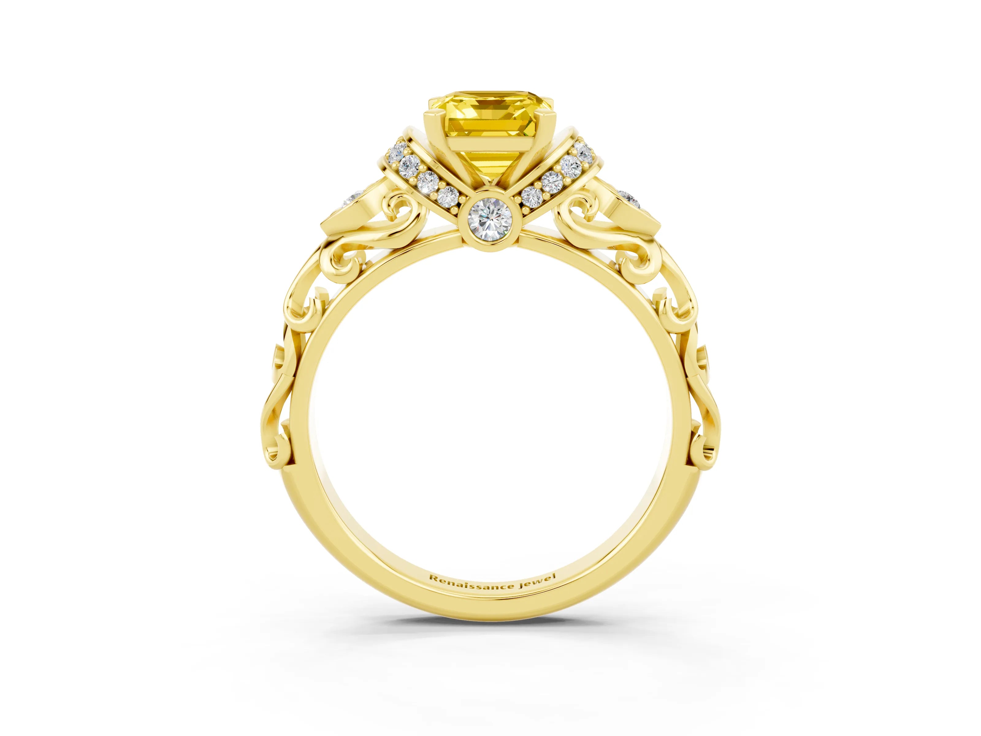 Yellow gold Emerald Cut Yellow Sapphire Solitaire Ring with Filigree Band and Four-Prong Setting_51
