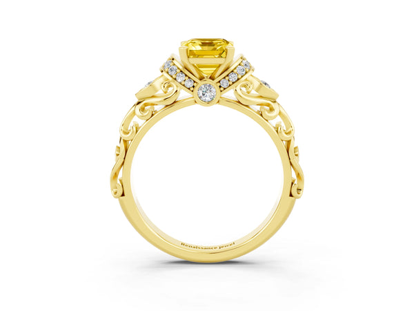 Yellow gold Emerald Cut Yellow Sapphire Solitaire Ring with Filigree Band and Four-Prong Setting