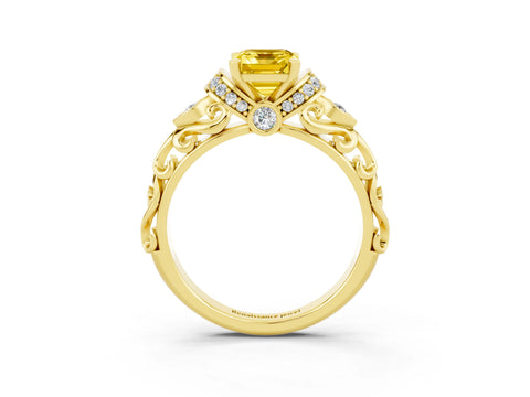 Yellow gold Emerald Cut Yellow Sapphire Solitaire Ring with Filigree Band and Four-Prong Setting_51