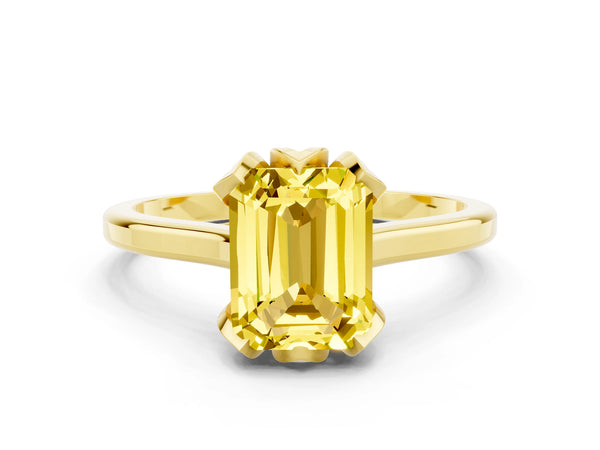 Yellow gold Emerald Cut Yellow Sapphire Solitaire Ring with Flower Prong Setting and Classic Band