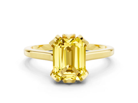 Yellow gold Emerald Cut Yellow Sapphire Solitaire Ring with Flower Prong Setting and Classic Band_12