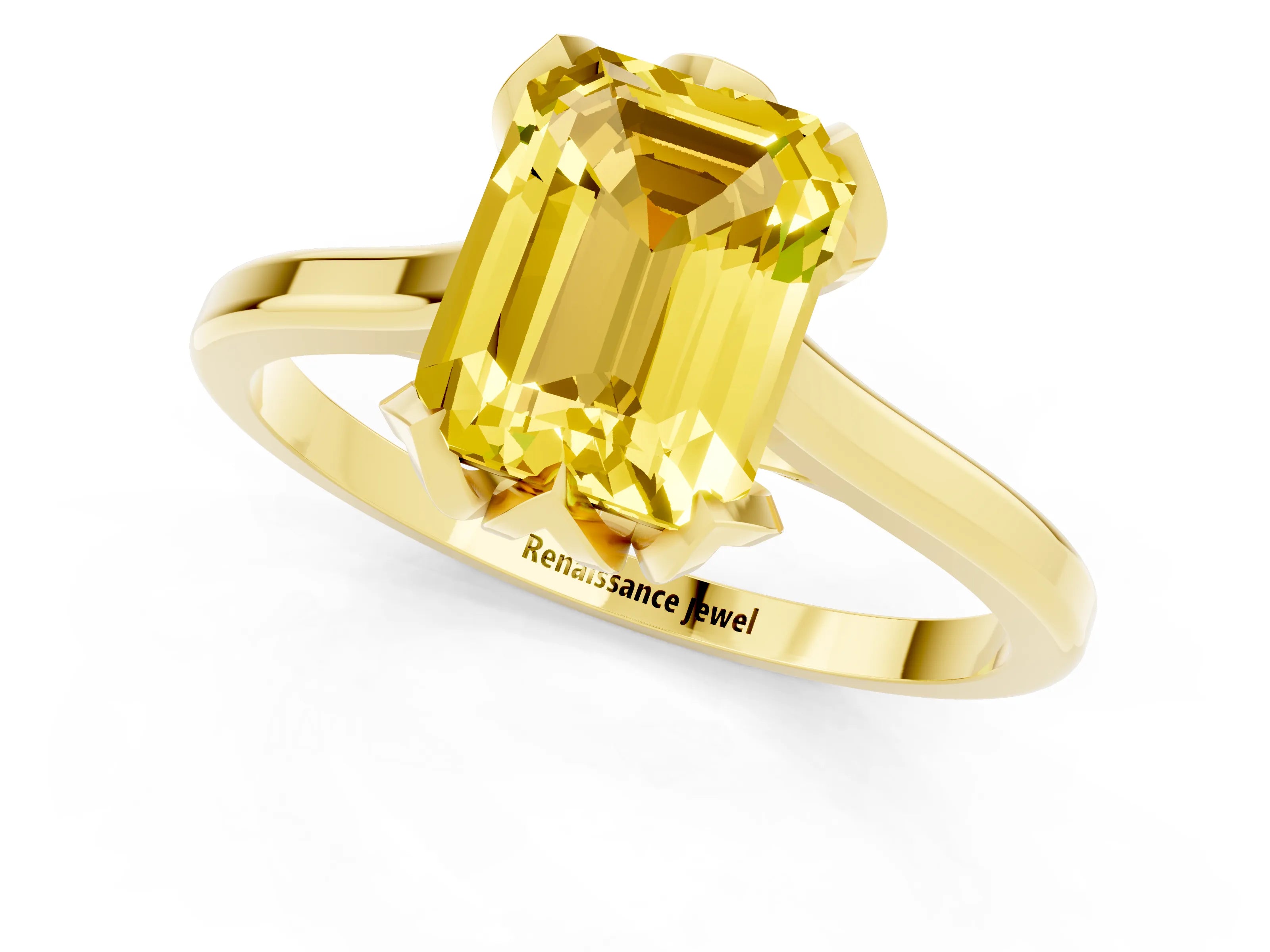 Yellow gold Emerald Cut Yellow Sapphire Solitaire Ring with Flower Prong Setting and Classic Band_13