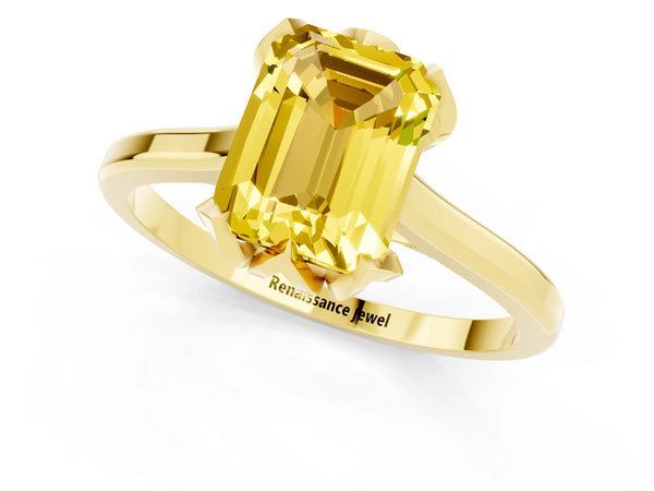 Yellow gold Emerald Cut Yellow Sapphire Solitaire Ring with Flower Prong Setting and Classic Band