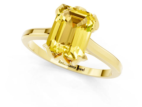 Yellow gold Emerald Cut Yellow Sapphire Solitaire Ring with Flower Prong Setting and Classic Band_13