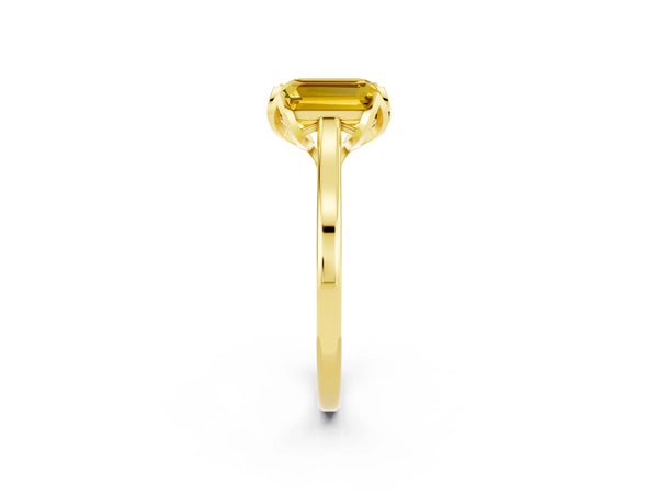 Yellow gold Emerald Cut Yellow Sapphire Solitaire Ring with Flower Prong Setting and Classic Band