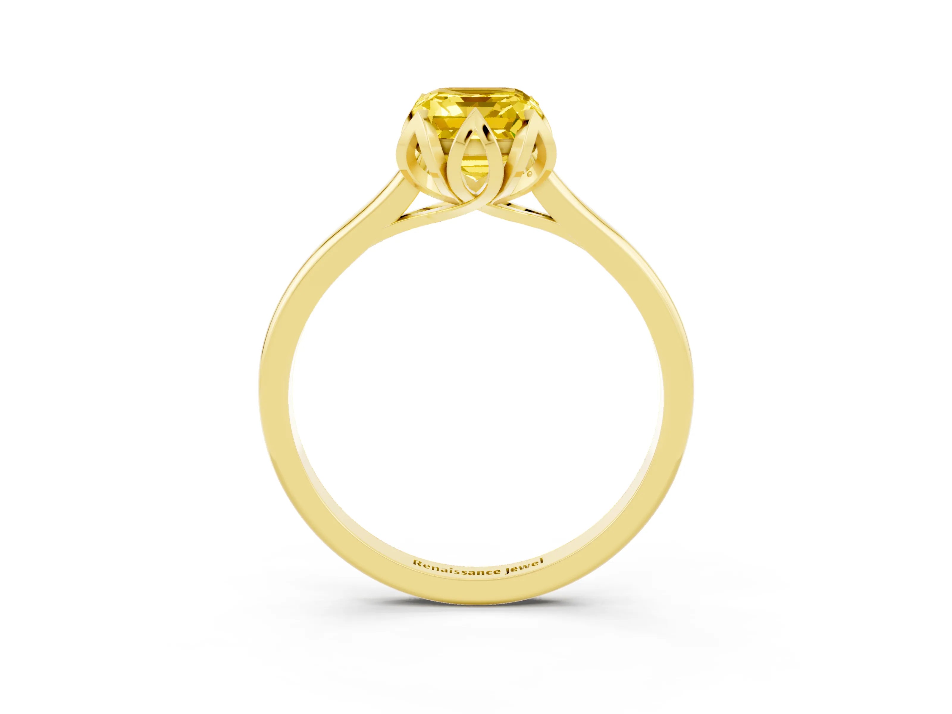 Yellow gold Emerald Cut Yellow Sapphire Solitaire Ring with Flower Prong Setting and Classic Band_15