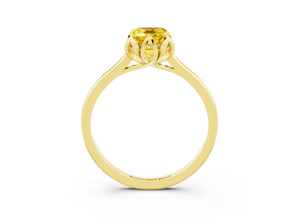 Yellow gold Emerald Cut Yellow Sapphire Solitaire Ring with Flower Prong Setting and Classic Band