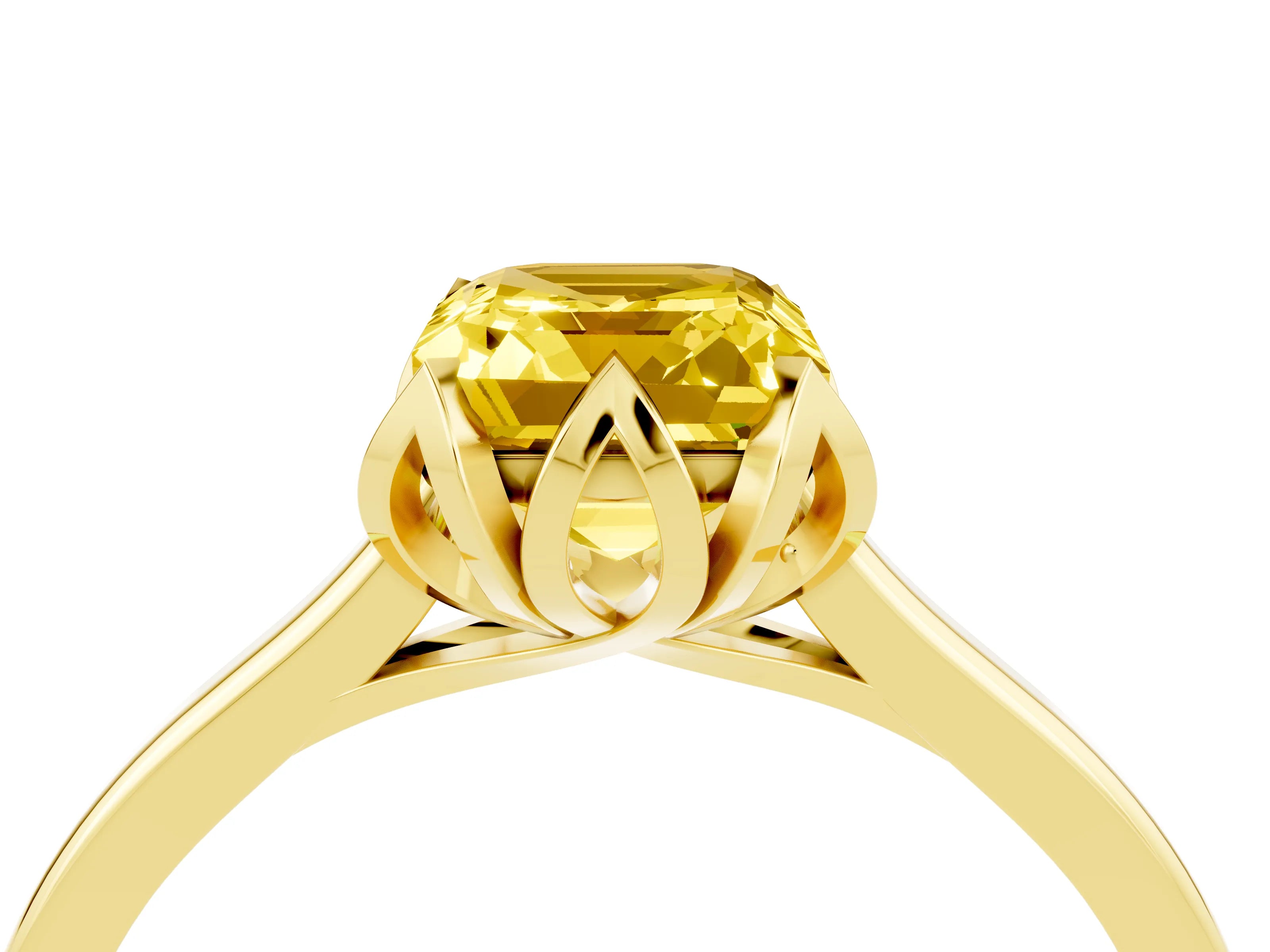 Yellow gold Emerald Cut Yellow Sapphire Solitaire Ring with Flower Prong Setting and Classic Band_16