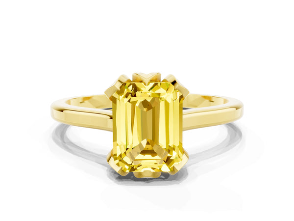 Yellow gold Emerald Cut Yellow Sapphire Solitaire Ring with Flower Prong Setting and Classic Band