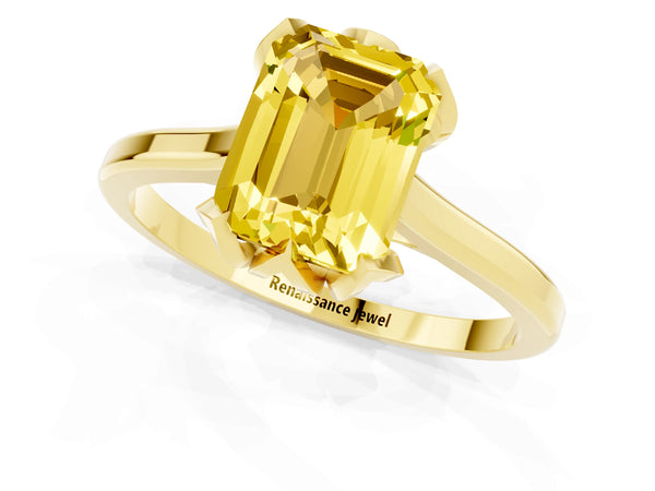 Yellow gold Emerald Cut Yellow Sapphire Solitaire Ring with Flower Prong Setting and Classic Band