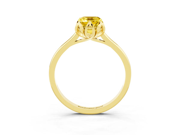 Yellow gold Emerald Cut Yellow Sapphire Solitaire Ring with Flower Prong Setting and Classic Band