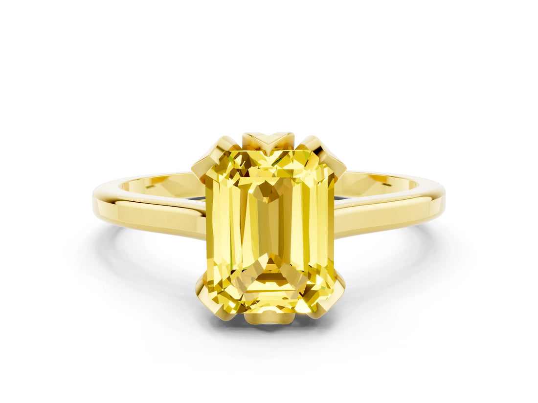 Yellow gold Emerald Cut Yellow Sapphire Solitaire Ring with Flower Prong Setting and Classic Band_36