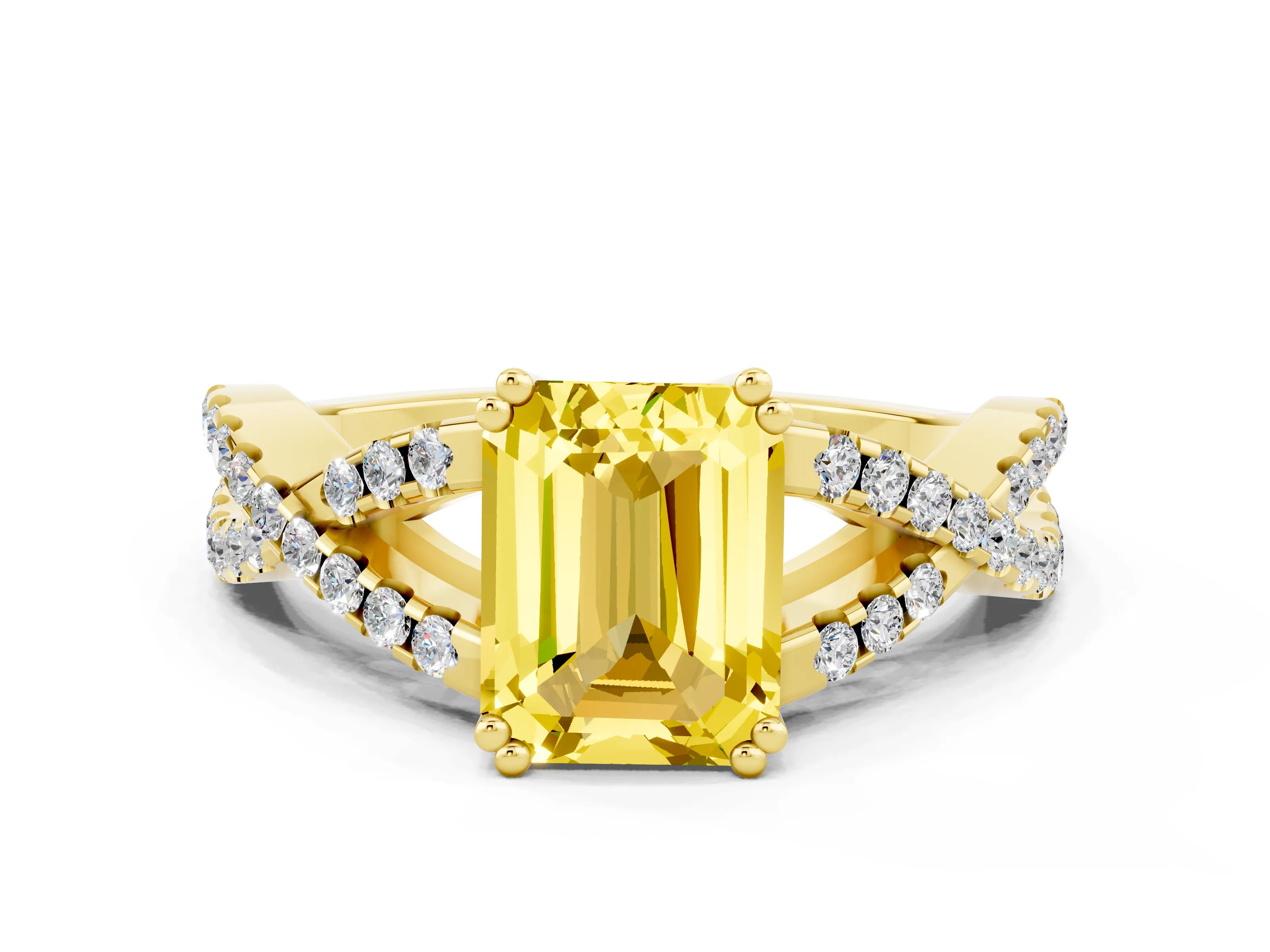 Yellow gold Emerald Cut Yellow Sapphire Solitaire Ring with Four-Prong Setting and Twisted Pavé Band_12