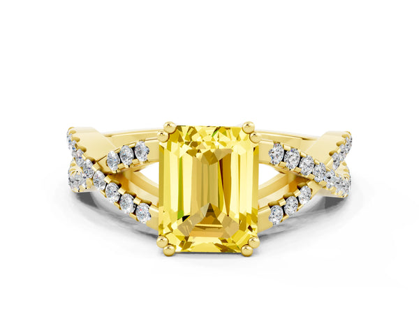 Yellow gold Emerald Cut Yellow Sapphire Solitaire Ring with Four-Prong Setting and Twisted Pavé Band