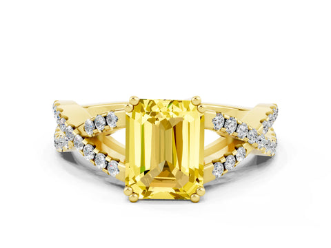 Yellow gold Emerald Cut Yellow Sapphire Solitaire Ring with Four-Prong Setting and Twisted Pavé Band_12