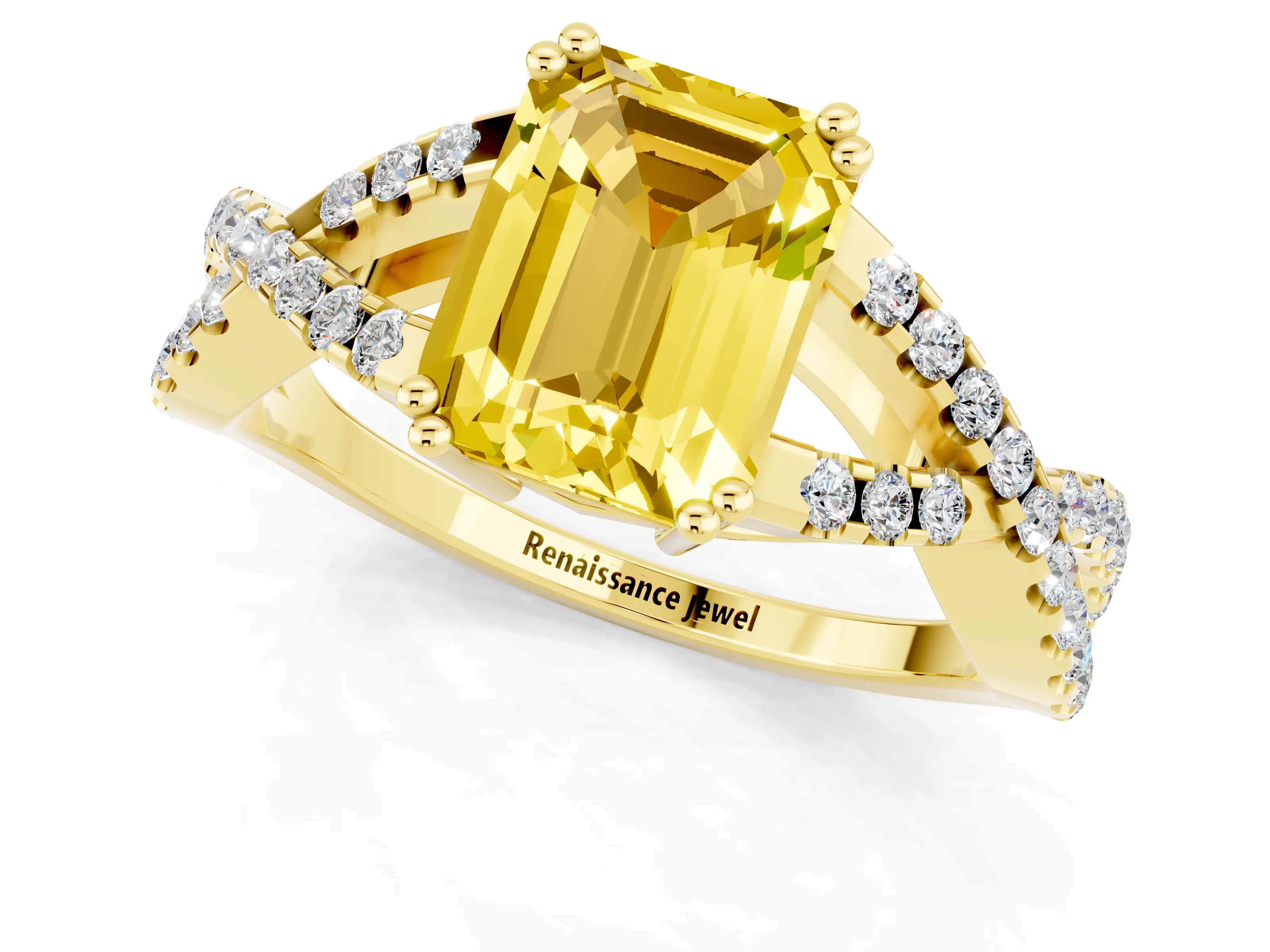 Yellow gold Emerald Cut Yellow Sapphire Solitaire Ring with Four-Prong Setting and Twisted Pavé Band_13