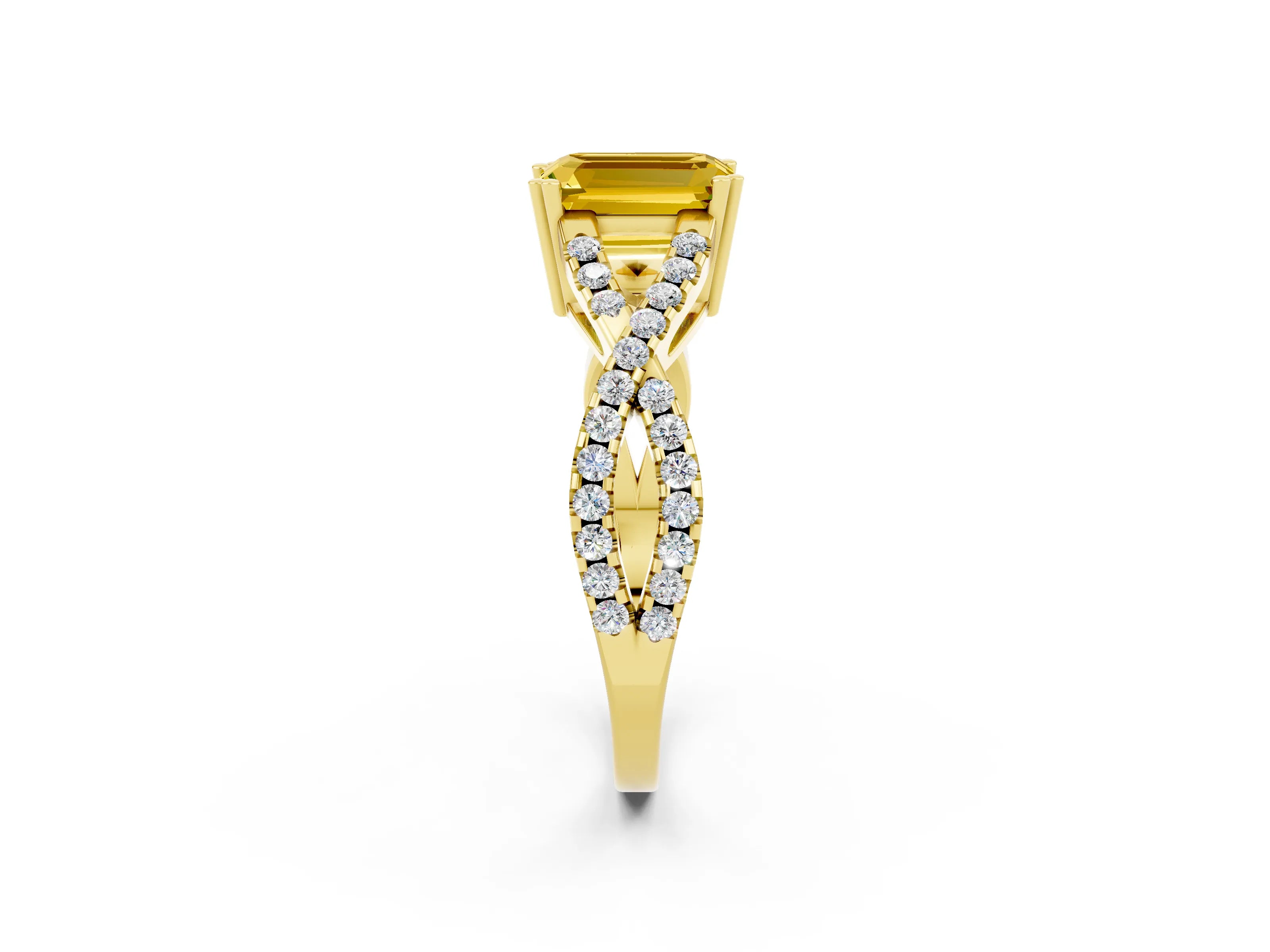 Yellow gold Emerald Cut Yellow Sapphire Solitaire Ring with Four-Prong Setting and Twisted Pavé Band_14