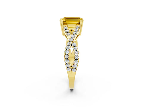 Yellow gold Emerald Cut Yellow Sapphire Solitaire Ring with Four-Prong Setting and Twisted Pavé Band_14