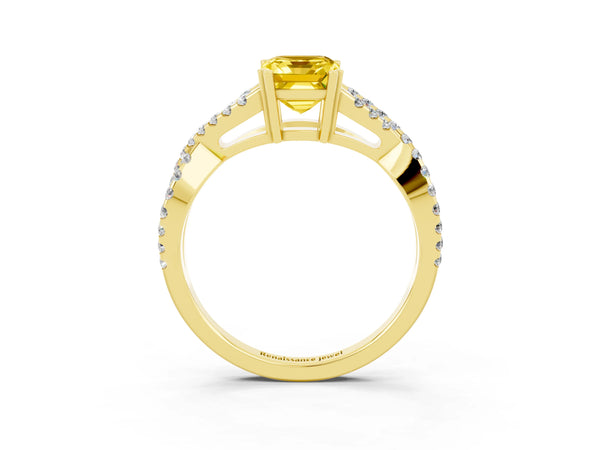 Yellow gold Emerald Cut Yellow Sapphire Solitaire Ring with Four-Prong Setting and Twisted Pavé Band