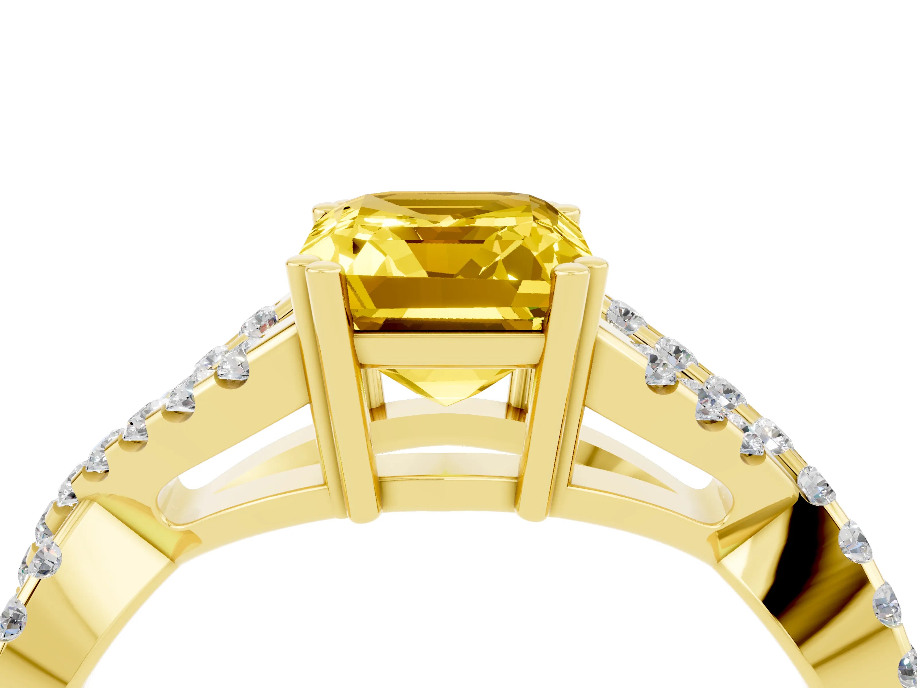 Yellow gold Emerald Cut Yellow Sapphire Solitaire Ring with Four-Prong Setting and Twisted Pavé Band_16