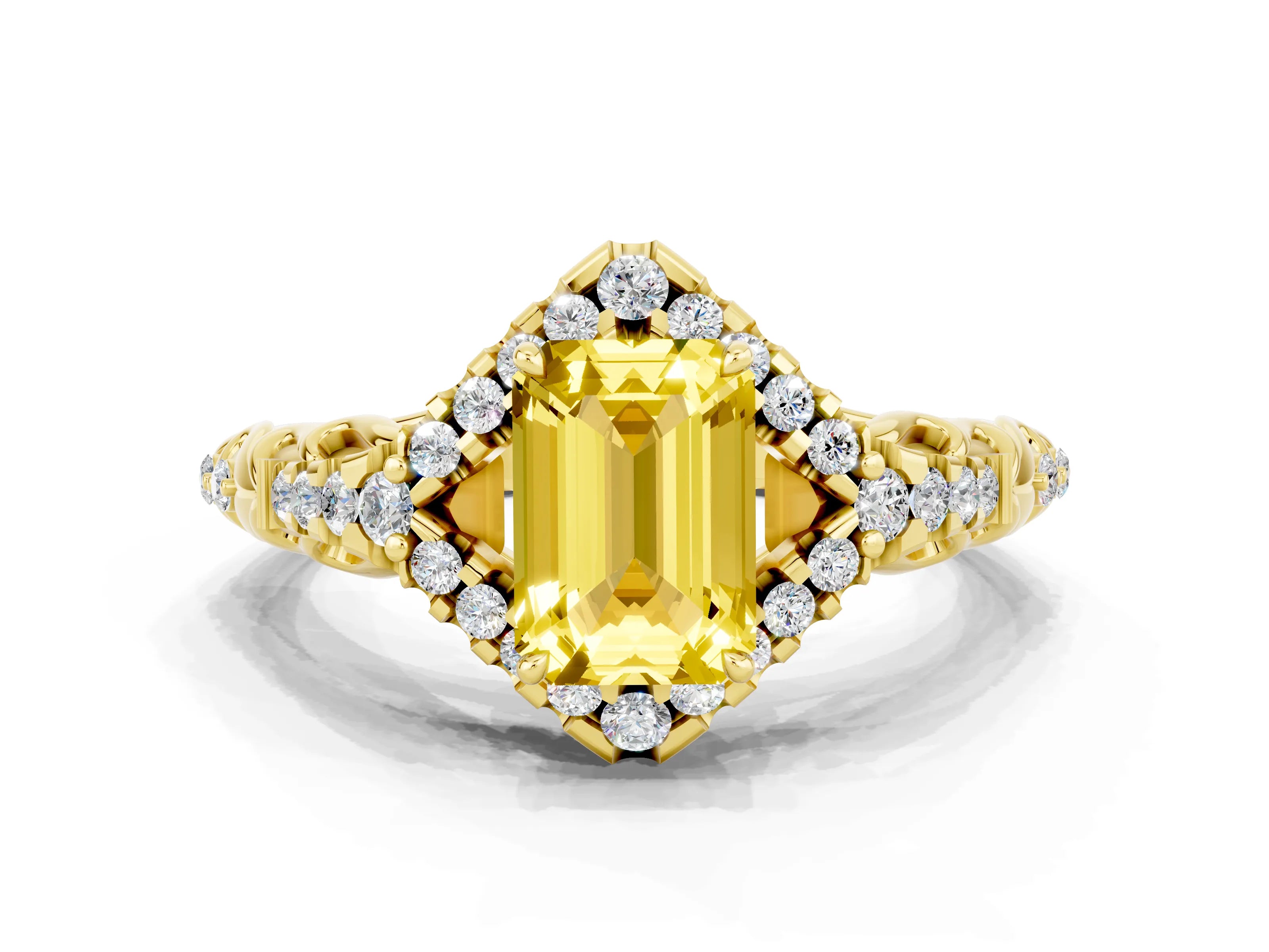Yellow gold Emerald Cut Yellow Sapphire Solitaire Ring with Hidden Halo and Pavé Band_12