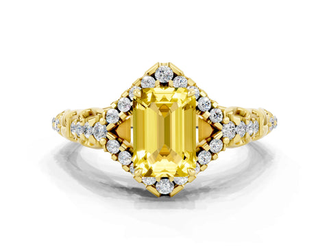 Yellow gold Emerald Cut Yellow Sapphire Solitaire Ring with Hidden Halo and Pavé Band_12