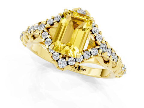Yellow gold Emerald Cut Yellow Sapphire Solitaire Ring with Hidden Halo and Pavé Band_13