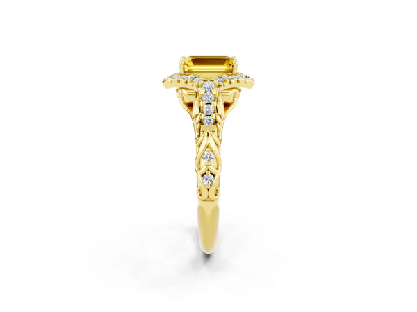 Yellow gold Emerald Cut Yellow Sapphire Solitaire Ring with Hidden Halo and Pavé Band