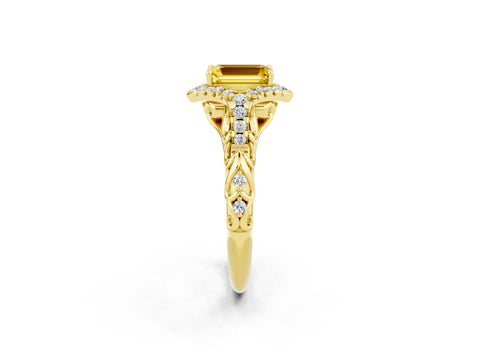 Yellow gold Emerald Cut Yellow Sapphire Solitaire Ring with Hidden Halo and Pavé Band_14