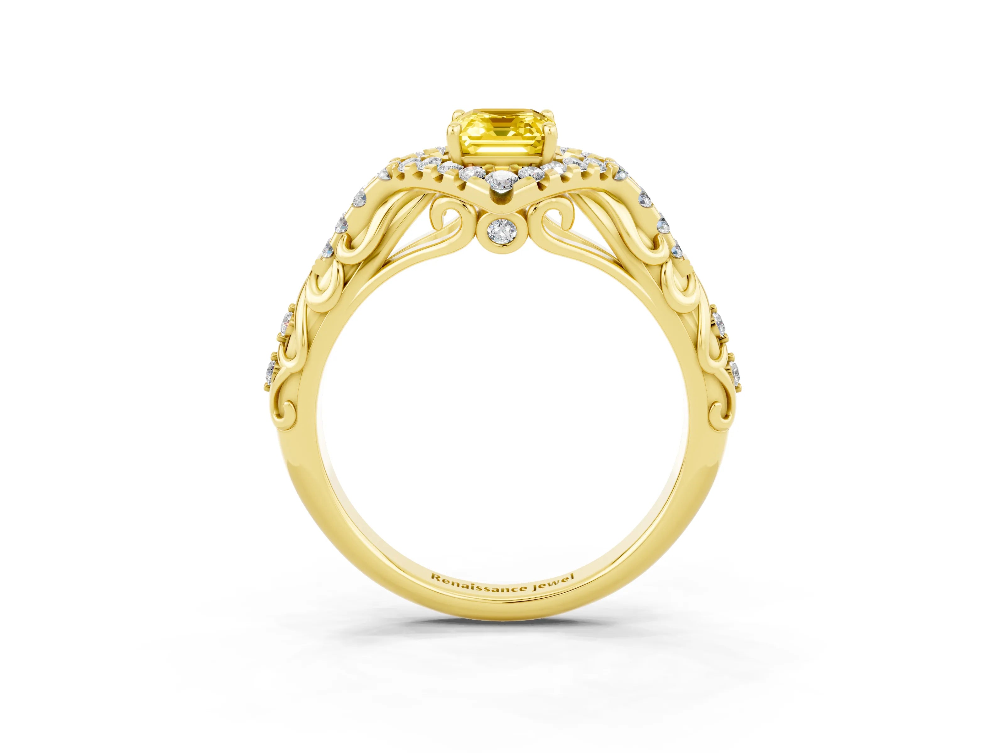 Yellow gold Emerald Cut Yellow Sapphire Solitaire Ring with Hidden Halo and Pavé Band_15