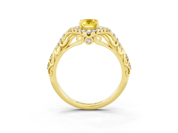 Yellow gold Emerald Cut Yellow Sapphire Solitaire Ring with Hidden Halo and Pavé Band
