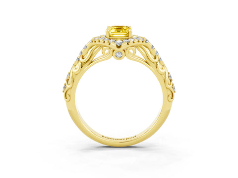 Yellow gold Emerald Cut Yellow Sapphire Solitaire Ring with Hidden Halo and Pavé Band_15