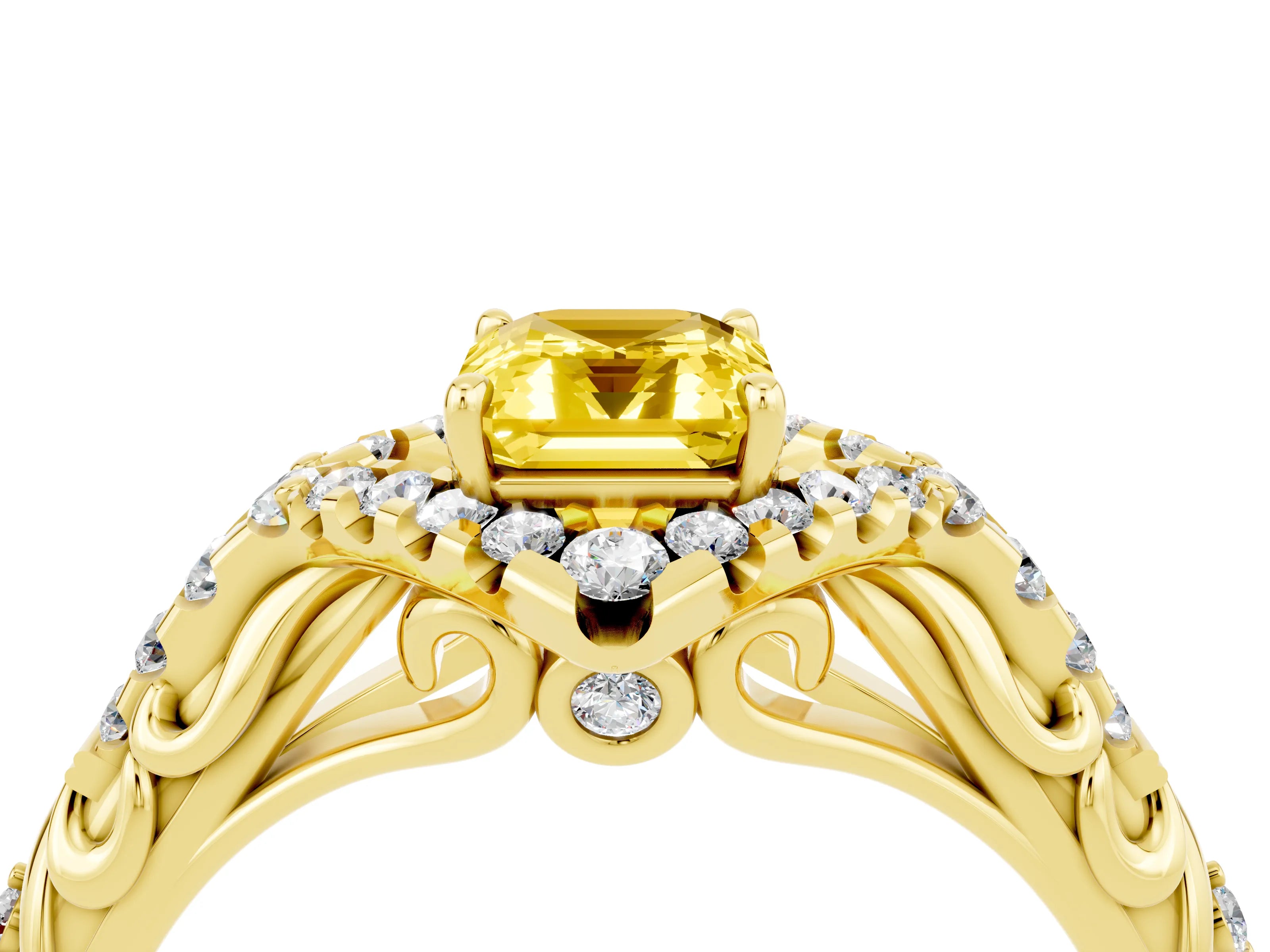 Yellow gold Emerald Cut Yellow Sapphire Solitaire Ring with Hidden Halo and Pavé Band_16
