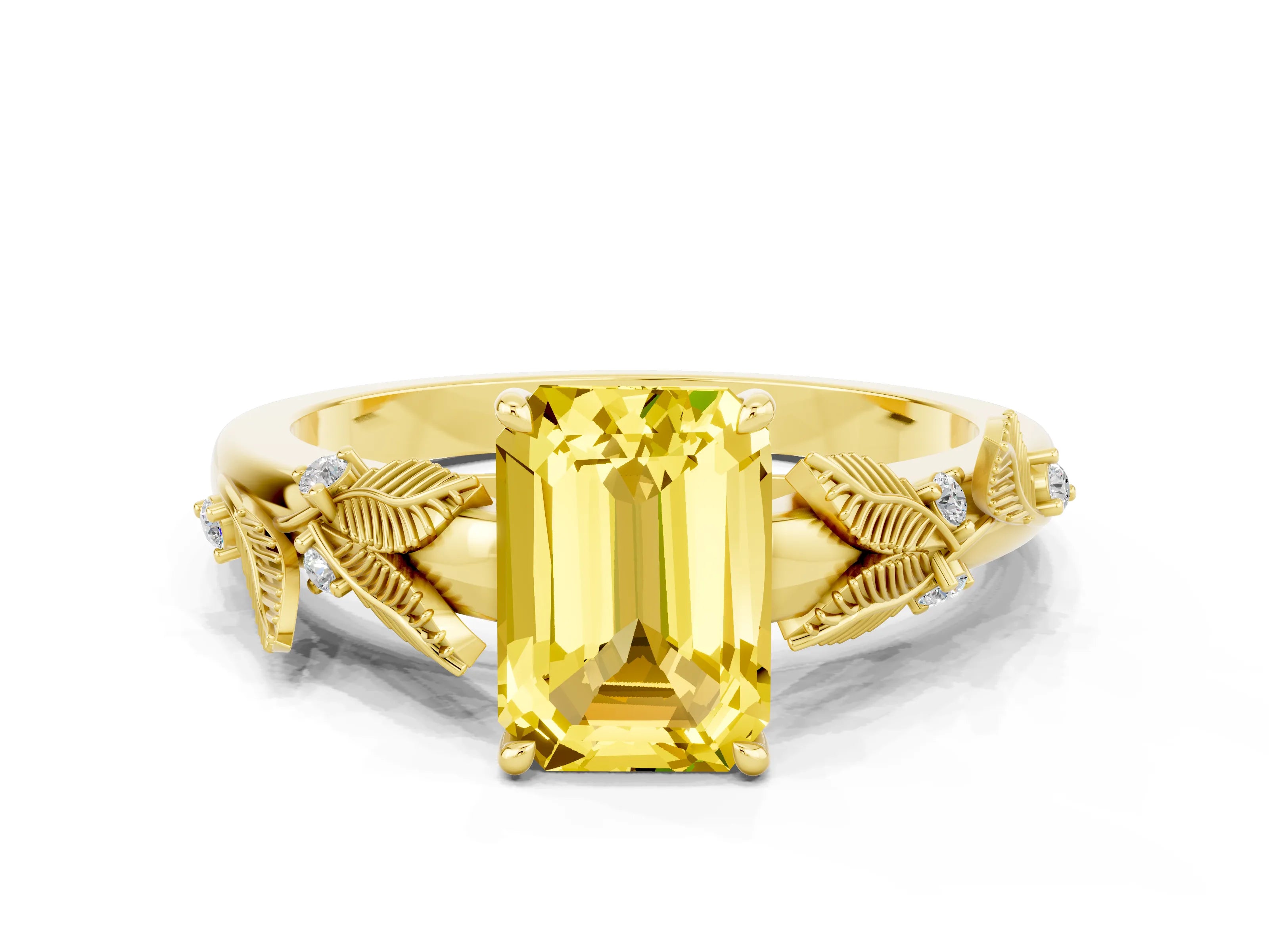Yellow gold Emerald Cut Yellow Sapphire Solitaire Ring with Leaf Motif Band and Four-Prong Setting
